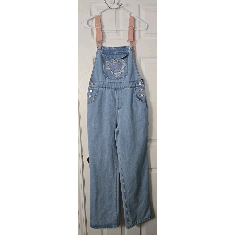 Romwe Womans Overalls Size Small Denim With Pink Strapes And LCe Heart.
